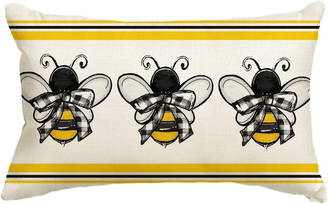 Bees Summer Throw Pillow Cover, 12 x 20 Inch Honey Stripes Cushion Case for Sofa Couch